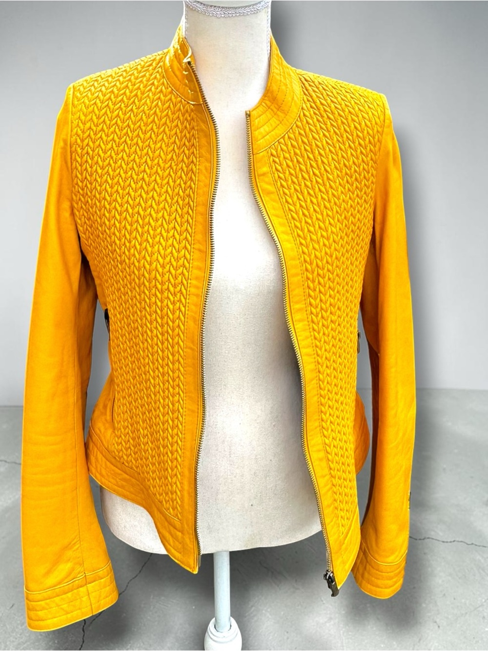 Vibrant Mustard Yellow Genuine Lambskin Quilted Moto Jacket - Size S
